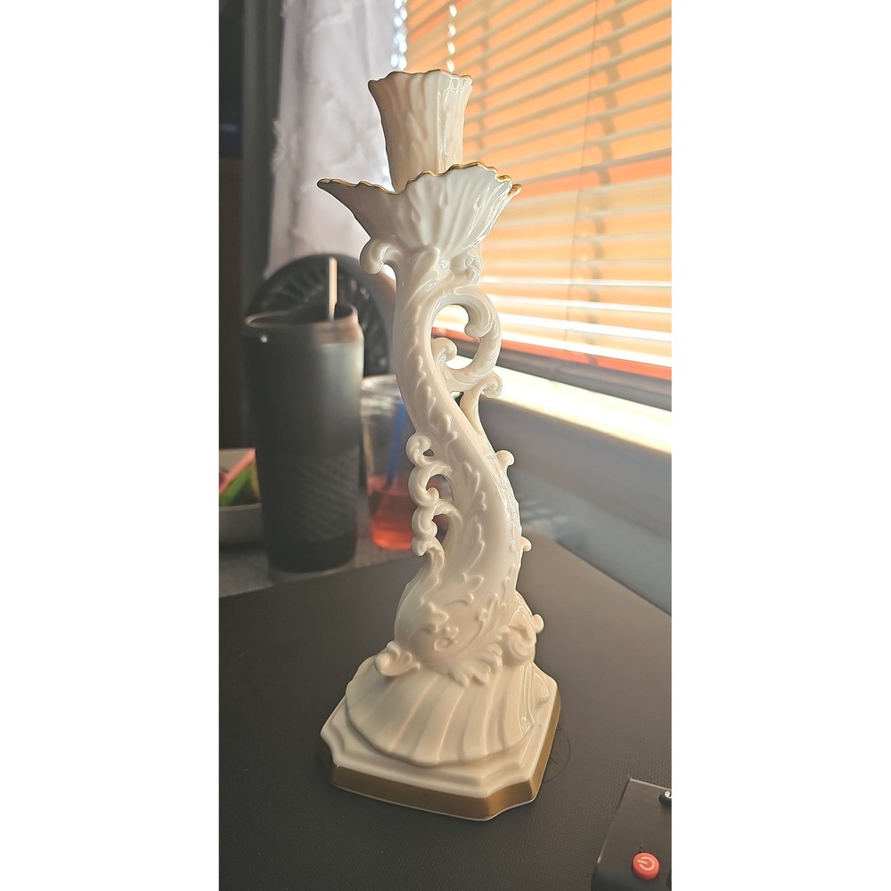 Lenox Dolphin Candlestick Holders Pair Ivory Porcelain 24k Gold Trim‎ Nautical